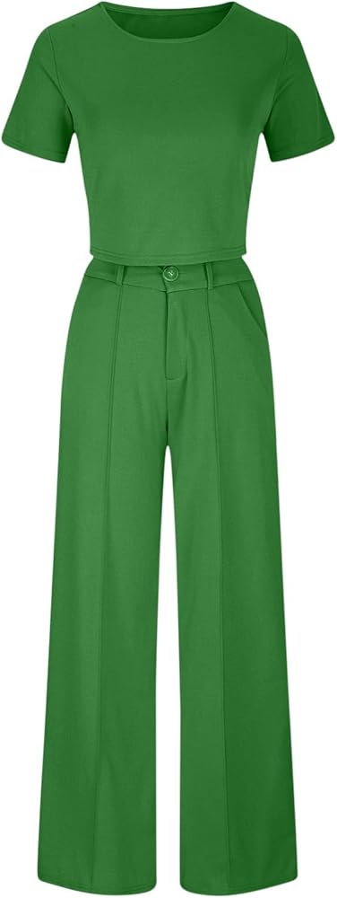 Women's 2 Piece Business Casual Outfits Solid Color Pants Sets Short Sleeve Crop Top and Wide Leg Dress Pants B306776 Women's 2 Piece Business Casual Outfits Solid Color Pants Sets Short Sleeve Crop Top and Wide Leg Dress Pants B306776