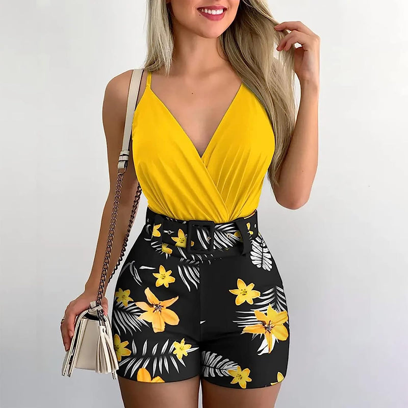 Sexy Sleeveless Tunic Tops Sets For Women Summer V-Neck Spaghetti Strap Tank Solid Top + Froral Print Pant Set with Belt S4617164