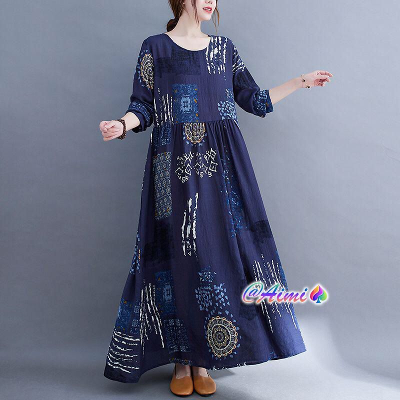 Very popular autumn print dress loose slimming round neck maxi length X3737339 Very popular autumn print dress loose slimming round neck maxi length X3737339