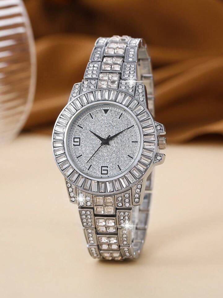 Women Silver Zinc Alloy Strap Glamorous Rhinestone Decor Round Dial Quartz Watch S4381052 - Tuzzut.com Qatar Online Shopping