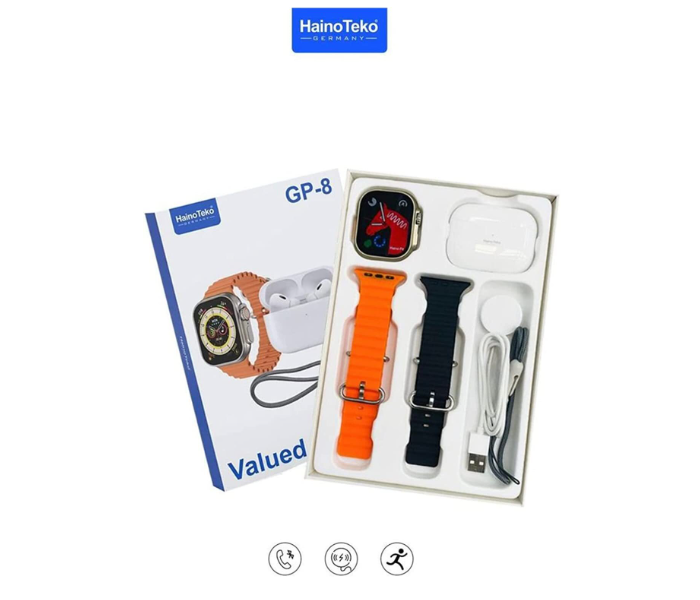 Haino Teko Germany GP8 Smart Watch Ultra with Two Set Strap and Bluetooth Wireless Earphone Combo - Tuzzut.com Qatar Online Shopping