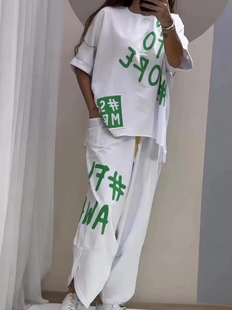 Women Fashion Letter Print Casual Two Piece Suit B-314183