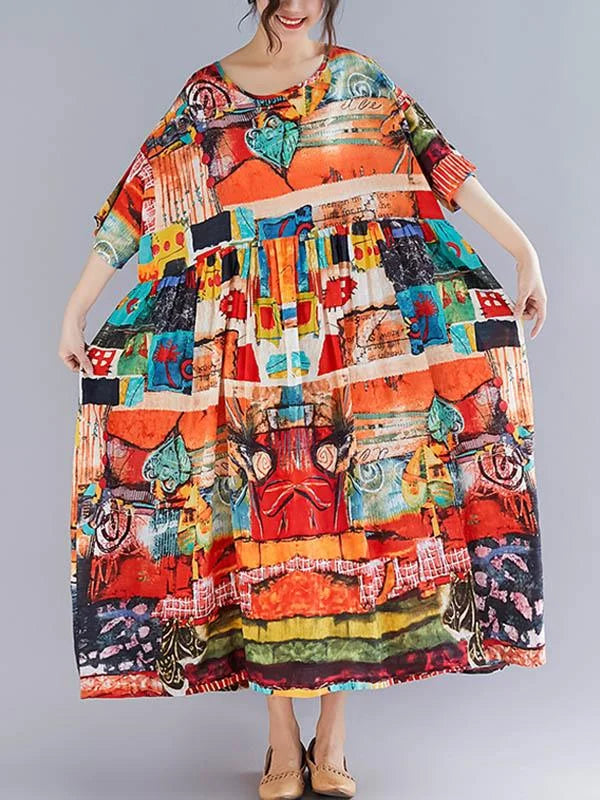 Loose Short Sleeves Floral Printed Round-Neck Midi Dresses 34327 Loose Short Sleeves Floral Printed Round-Neck Midi Dresses 34327