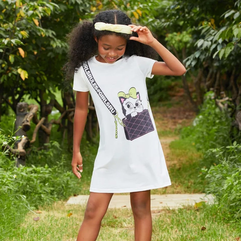 Kid Girl Cute Cat Bag Print Short-sleeve White Tee Dress 20431022 - Tuzzut.com Qatar Online Shopping