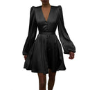 Celmia Women Long Sleeve Mini Dress Silk Satin Party Elegant Casual Pleated A Line Dress S3170740 - Tuzzut.com Qatar Online Shopping
