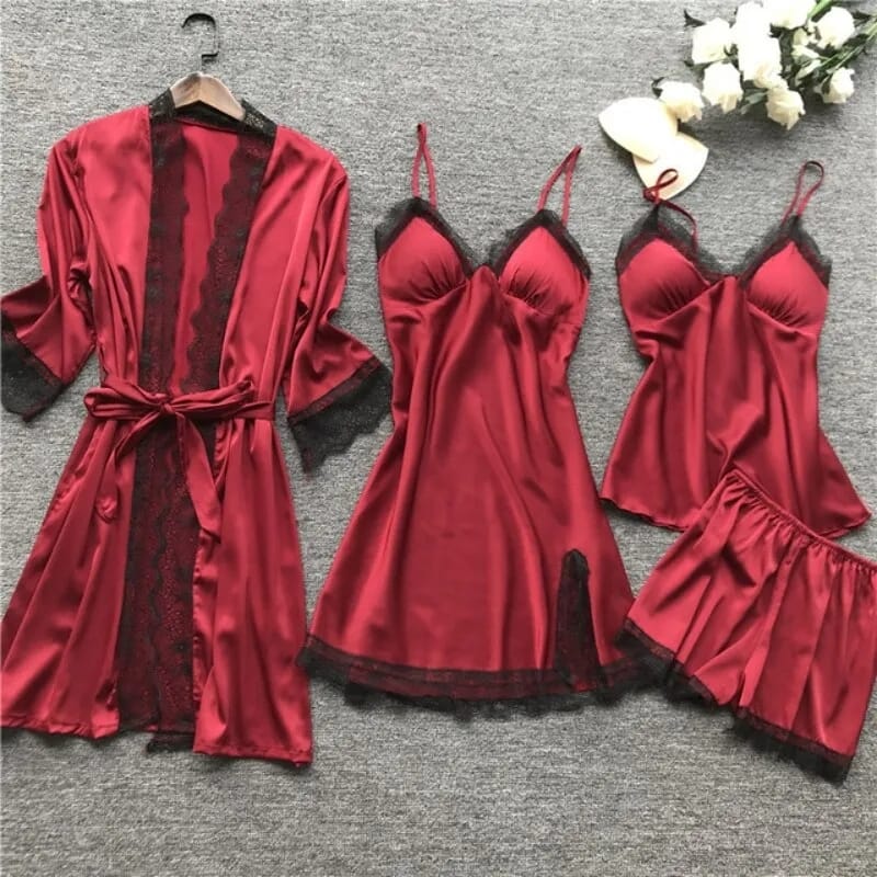 4PCS/Set Sleep Suit Women Lace Set Sexy V-Neck Cami Nighties Comfortable Pyjama Nightwear Spring Nightdress Fashion Home Clothes M S2545436 - Tuzzut.com Qatar Online Shopping