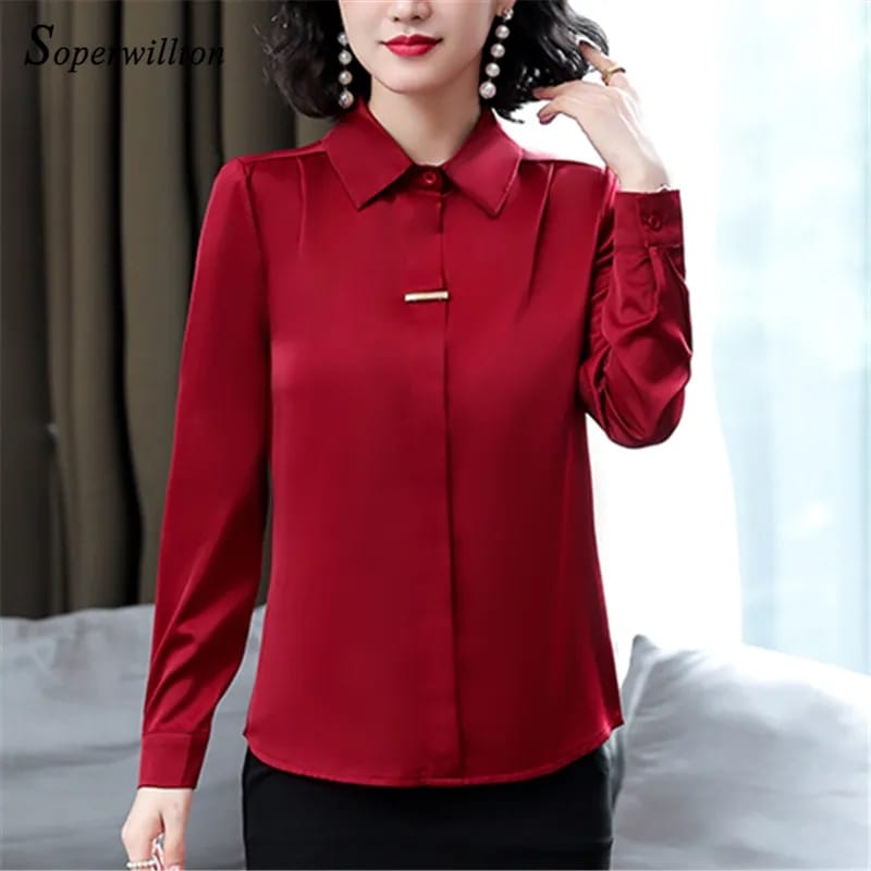 Elegant Slik Blouse Long Sleeve Satin Women Shirts Ladies Tops autumn spring Female vintage Blouses Plus Size Women Tops 2XL X4914790 - Tuzzut.com Qatar Online Shopping
