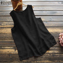 Vintage Cotton Blouse ZANZEA Summer Tanks Tops Women Sleeveless Solid Shirt Casual Loose Split Hem Blusas Tunic Mujer 3XL S3168904 - Tuzzut.com Qatar Online Shopping