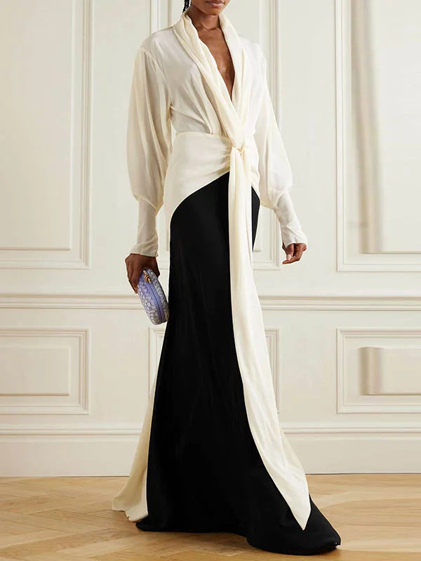 Long Sleeves Loose Contrast Color V-Neck Evening Dresses Maxi Dresses 140746 Long Sleeves Loose Contrast Color V-Neck Evening Dresses Maxi Dresses 140746