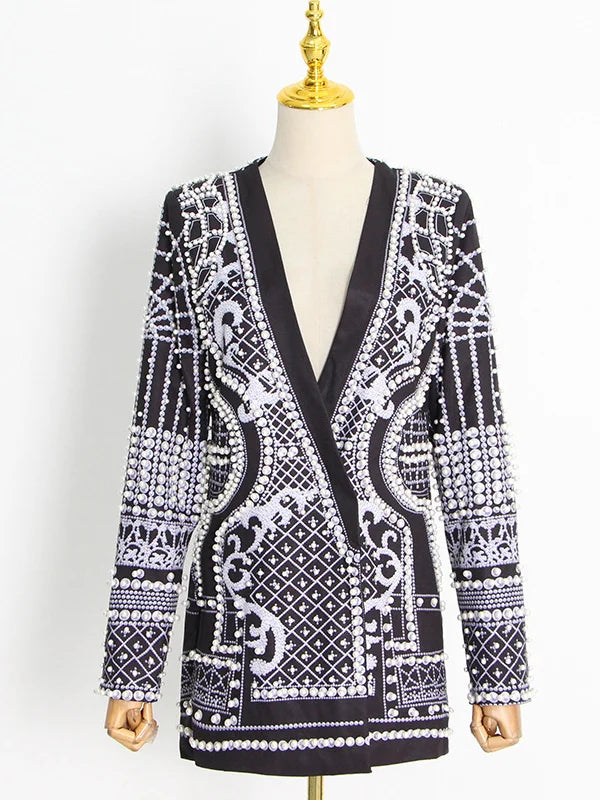 Original Creation Loose Long Sleeves Beads Printed V-Neck Blazer Outerwear 111148 Original Creation Loose Long Sleeves Beads Printed V-Neck Blazer Outerwear 111148