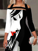 Irregular Clipping Three-Quarter Sleeves Figure Printed Cold Shoulder Blouses&Shirts Tops 119673 - TUZZUT Qatar Online Shopping