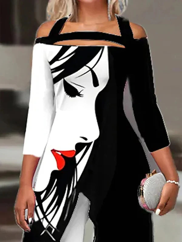 Irregular Clipping Three-Quarter Sleeves Figure Printed Cold Shoulder Blouses&Shirts Tops 119673 - TUZZUT Qatar Online Shopping