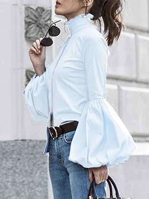 Urban Solid Color Stand Collar Puff Sleeves Blouse 92151 Urban Solid Color Stand Collar Puff Sleeves Blouse 92151