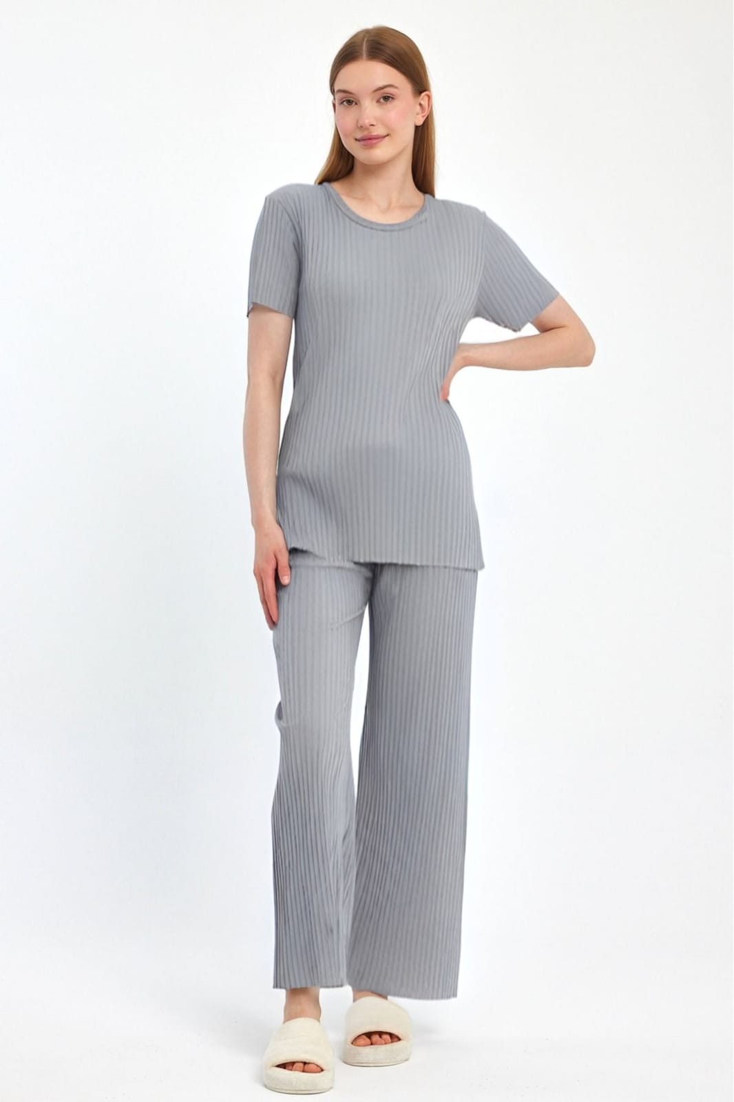 Women's Seasonal Short Sleeve Thin Fabric Gray Corded Suit S374188 Women's Seasonal Short Sleeve Thin Fabric Gray Corded Suit S374188