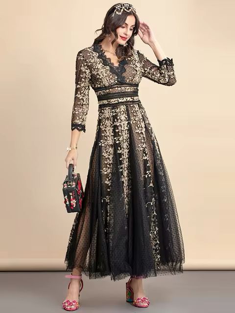 Winter Party Long Dress Women's Floral Embroidery Mesh Maxi Dress B78123 Winter Party Long Dress Women's Floral Embroidery Mesh Maxi Dress B78123