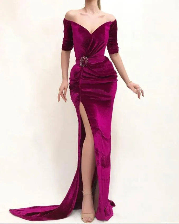 Velvet Mermaid Prom Dresses Off Shoulder Half Sleeves Pleats Side Split Evening Dress 440IJC Velvet Mermaid Prom Dresses Off Shoulder Half Sleeves Pleats Side Split Evening Dress 440IJC