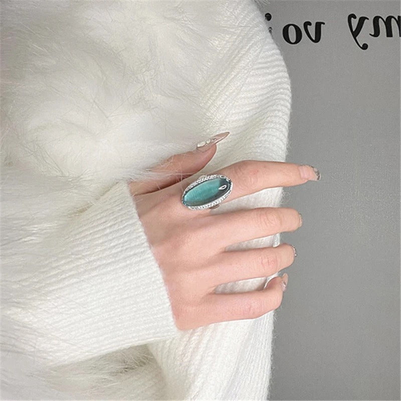 Korean women's retro exaggerated sea blue sterling silver open ring high-end banquet temperament party eye-catching jewelry S4491032 - TUZZUT Qatar Online Shopping