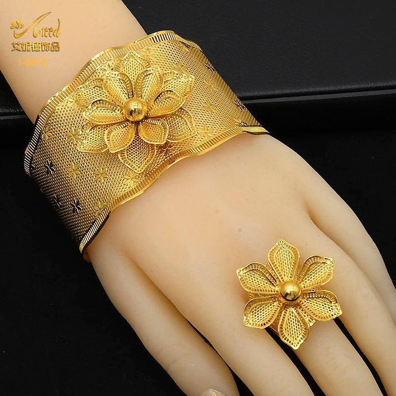 Fashion Dubai Gold Color Luxury Flower Bangle & Ring For Women S4830552 - TUZZUT Qatar Online Shopping