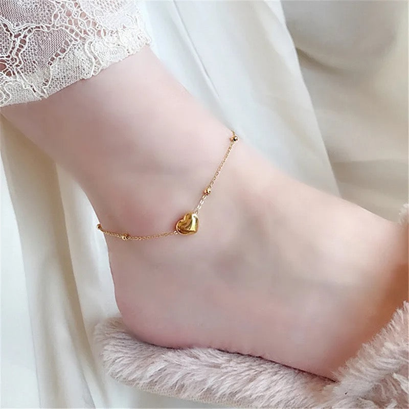 Gold Color Stainless Steel Heart Pendant Anklets For Woman S4443713