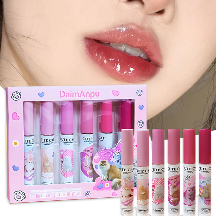 6pcs Cute Mirror Glass Lip Glaze Set Water Light Cat Lipstick 528962 - TUZZUT Qatar Online Shopping