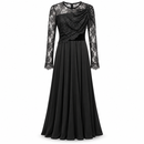 Women’s Black Draped Lace Long-Sleeve Maxi Dress S5082