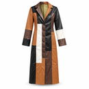 Multicolour Patchwork Leather-Look Long Coat with Button Front NS03