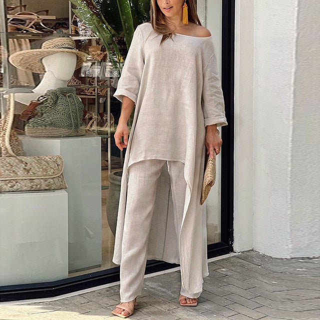 Spring Autumn Solid Loose Casual Y2K Oversized Matching Sets Women Long Sleeve Cotton Linen Pant Sets Irregular Female Clothes B-21597 - Tuzzut.com Qatar Online Shopping