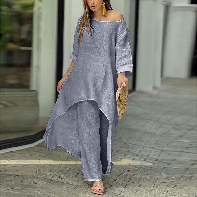 Spring Autumn Solid Loose Casual Y2K Oversized Matching Sets Women Long Sleeve Cotton Linen Pant Sets Irregular Female Clothes B-21597 - Tuzzut.com Qatar Online Shopping