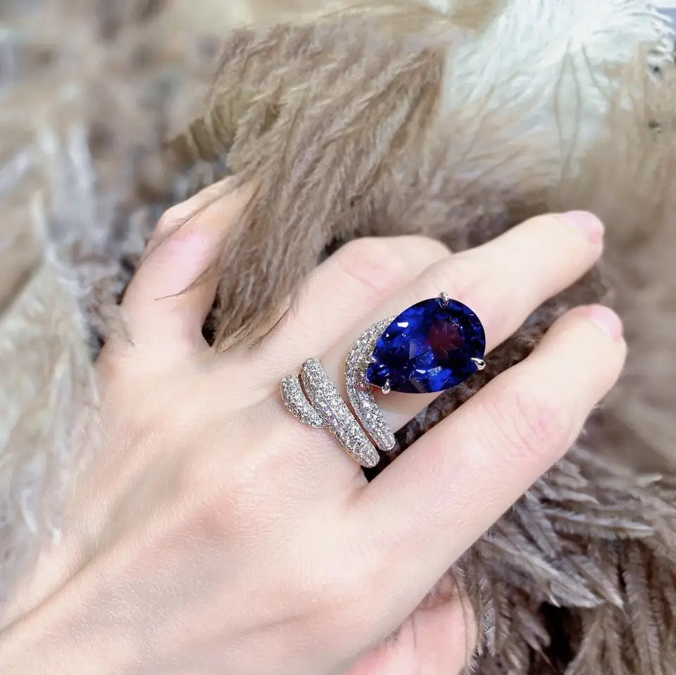 Women's Retro Elegant Dark Blue Drop-shaped Gemstone Irregular Winding Open Ring S4506422 Women's Retro Elegant Dark Blue Drop-shaped Gemstone Irregular Winding Open Ring S4506422