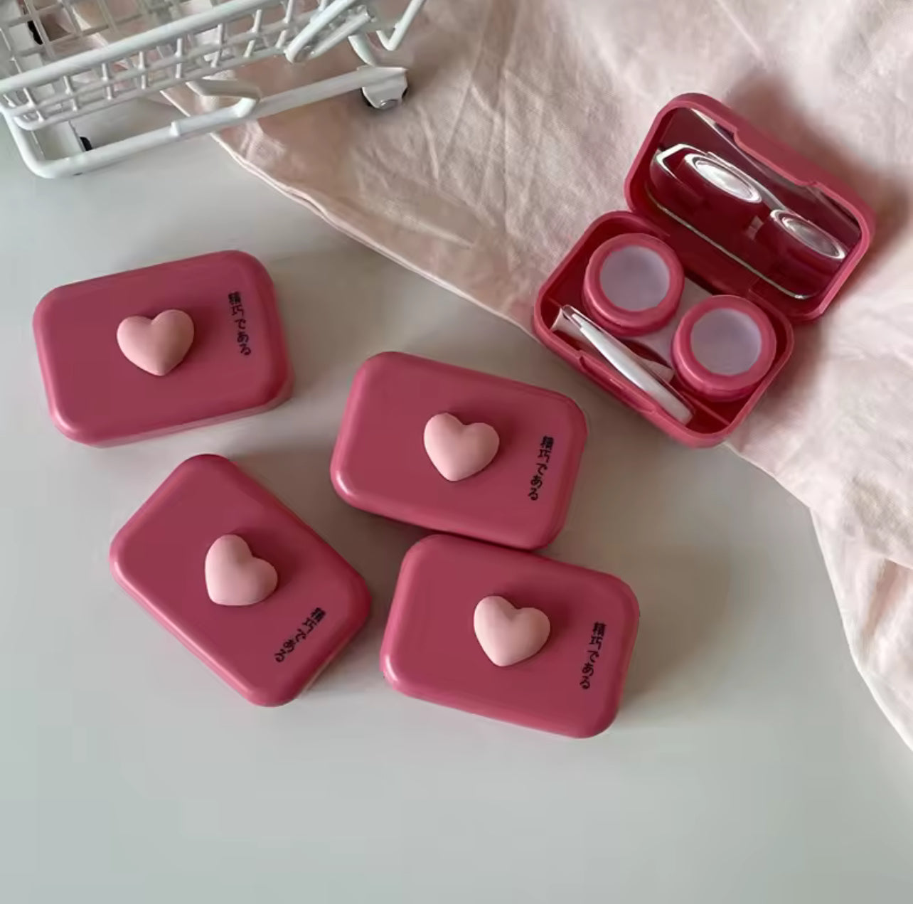 Pink Heart Square Contact Lenses Case with Tweezers Pink Heart Square Contact Lenses Case with Tweezers