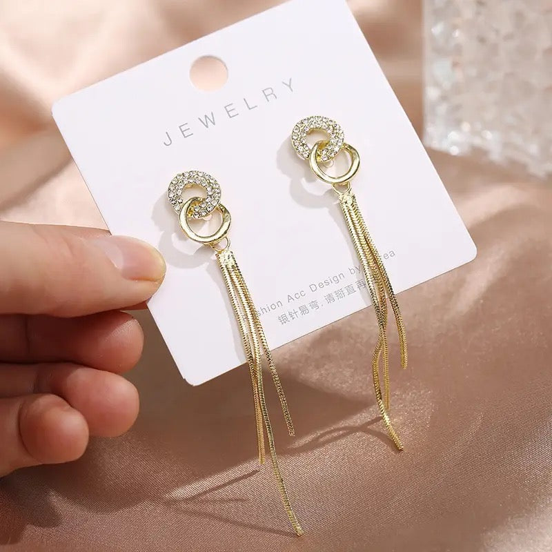 Golden Double Circle Zircon Long Tassel Stud Earrings for Women S3539601 - TUZZUT Qatar Online Shopping