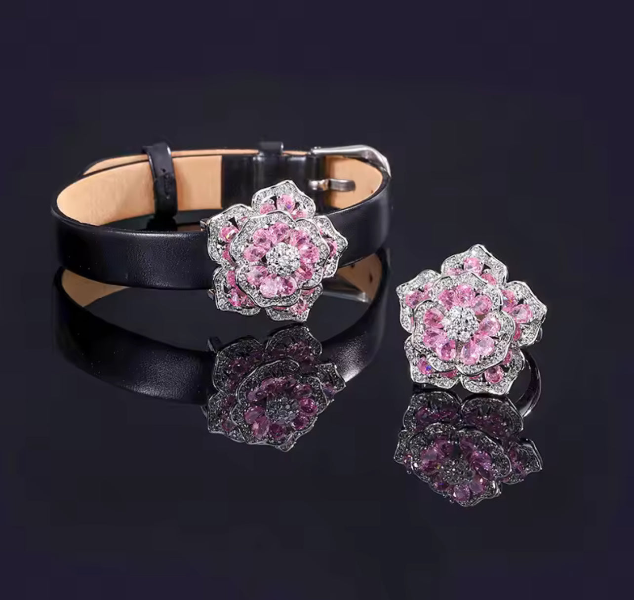 Inlaid Diamond Flower Belt Bracelet Pink Zircon Camellia Ring S4976227 Inlaid Diamond Flower Belt Bracelet Pink Zircon Camellia Ring S4976227