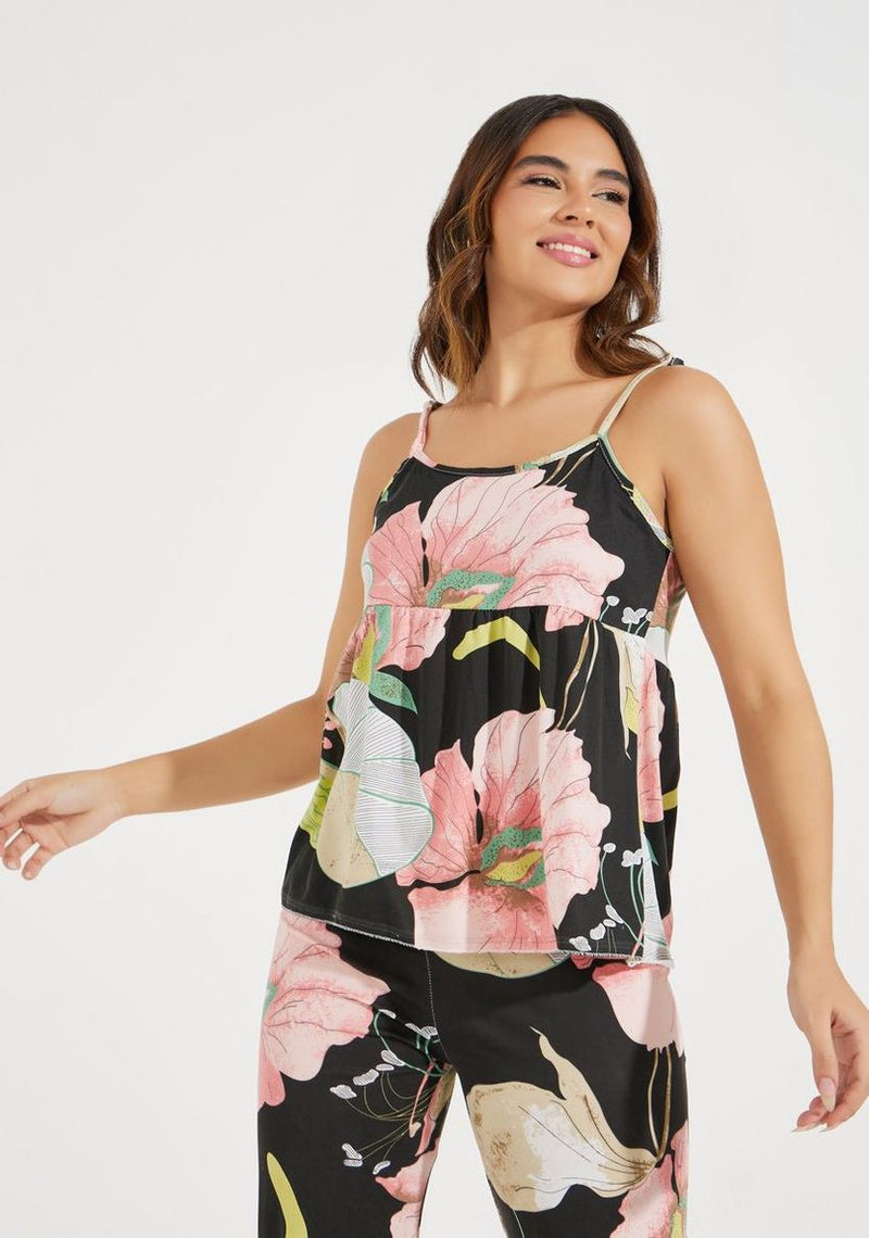 Women's 3 pcs Sleepwear Leaf Print Cami and Pants Pajama Set 559571 - TUZZUT Qatar Online Shopping