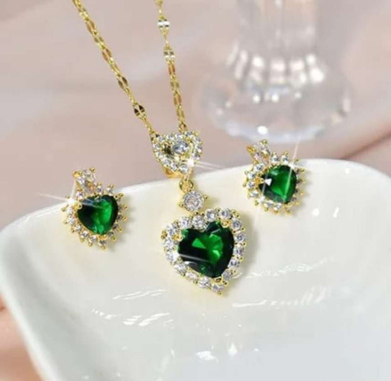 Green Heart-shaped Jewelry Set 2 Pieces B-218880