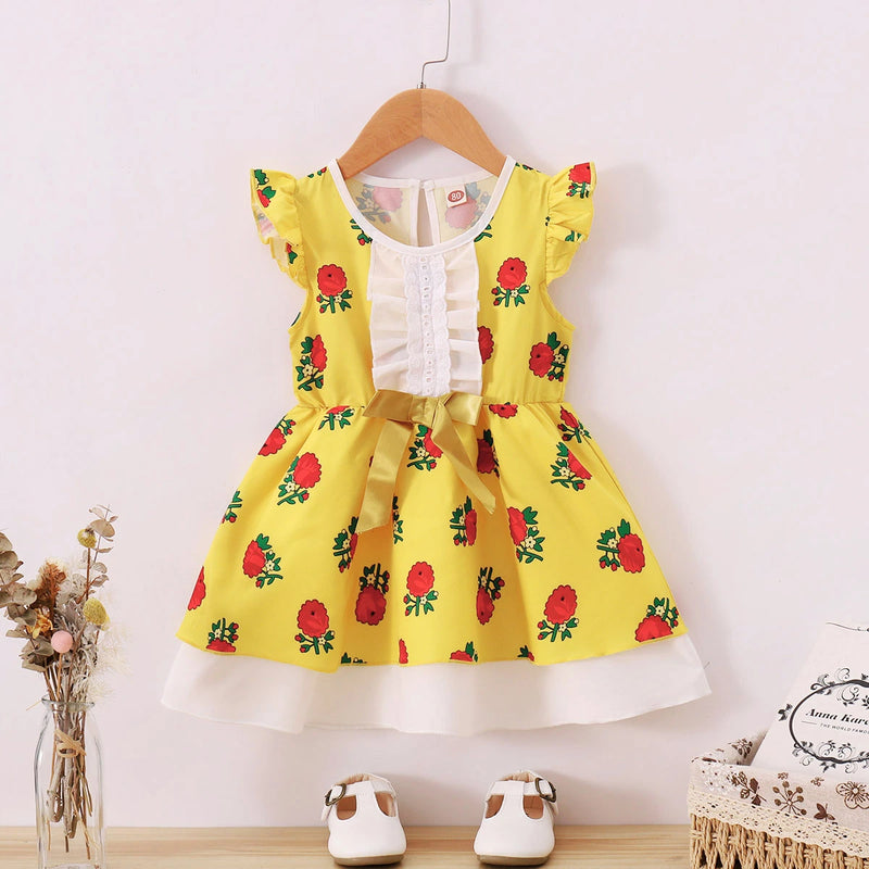 Baby Girl Dress Cotton Floral Square Collar Ruffle Short Sleeve Summer Girls Fashion Skirt X4448517