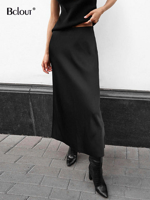 Fashion Office Lady Black Satin Long Skirt Vintage A-Line Party Sexy Skirts Female X4576866