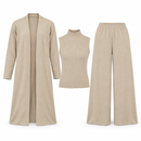 Beige Three-Piece Knit Set – Long Cardigan, Sleeveless High-Neck Top & Wide-Leg Trousers NS15