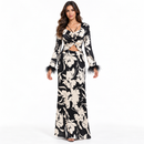 Black & Ivory Floral Ruched Top and Maxi Skirt Set YD58