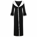 Women’s Black Maxi Dress with White Shawl Collar & Feather Cuffs 5P7765