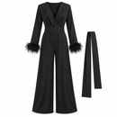 Women’s Black Feather-Cuff Wide-Leg Jumpsuit with Matching Sash 5020S5