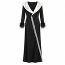 Women’s Black Maxi Dress with Ivory Shawl Collar and Silver Fringe YD84