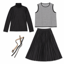 Women’s Grey Check Top, Black Turtleneck & Pleated Skirt Set with Belt 174633