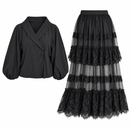 Women’s Black Shawl-Collar Blouse & Tiered Lace Maxi Skirt Set NS130