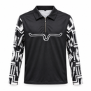 Black Quarter-Zip Collared Top with Geometric Print Sleeves YD57
