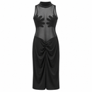Black Mesh Hand-Appliqué Ruched Midi Dress S4915