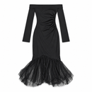 Women’s Black Off-Shoulder Long-Sleeve Dress with Tulle Hem YD27