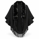 Black Ribbed Knit Poncho with Plush Collar & Fringe YD10