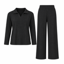 Women’s Black Ribbed Collared Top & Wide-Leg Trousers Set NS56