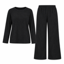 Women’s Black Ribbed Long-Sleeve Top & Wide-Leg Trousers Set NS78
