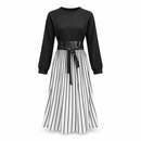Black and White Striped Long-Sleeve Mid Dress with Tie Belt B92474